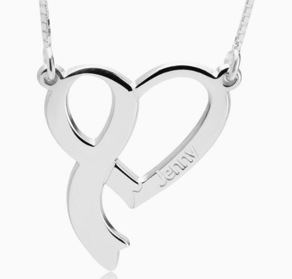 Breast Cancer Heart & Ribbon Name Necklace